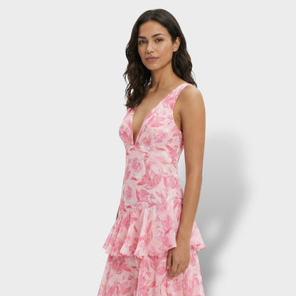 Vestido largo mujer multicolor escote en V volantes estampado espalda con lazada