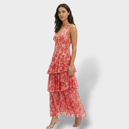 Vestido largo mujer multicolor escote en V volantes estampado espalda con lazada