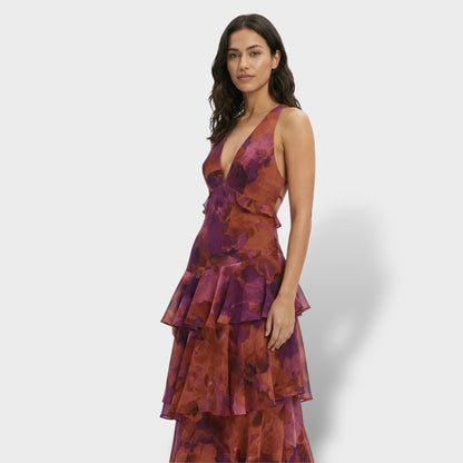 Vestido largo mujer multicolor escote en V volantes estampado espalda con lazada