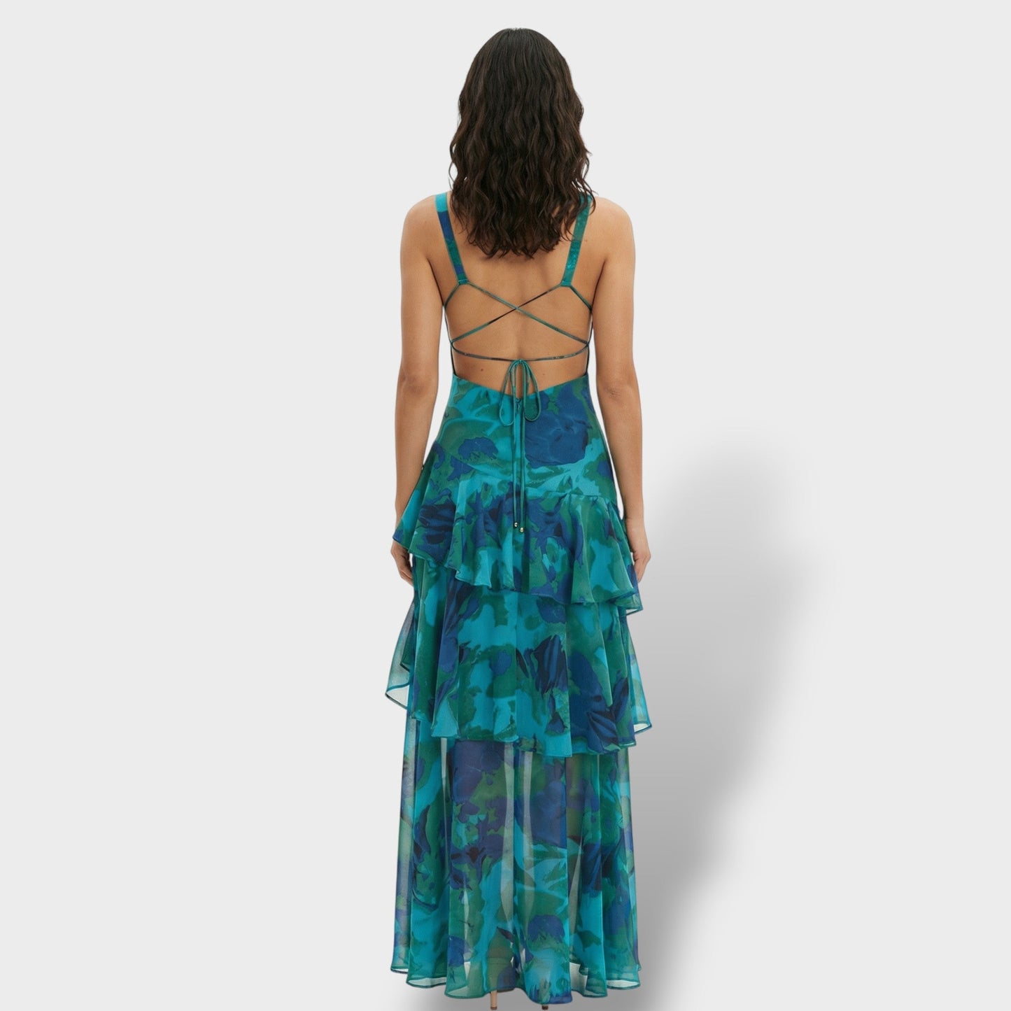 Vestido largo mujer multicolor escote en V volantes estampado espalda con lazada