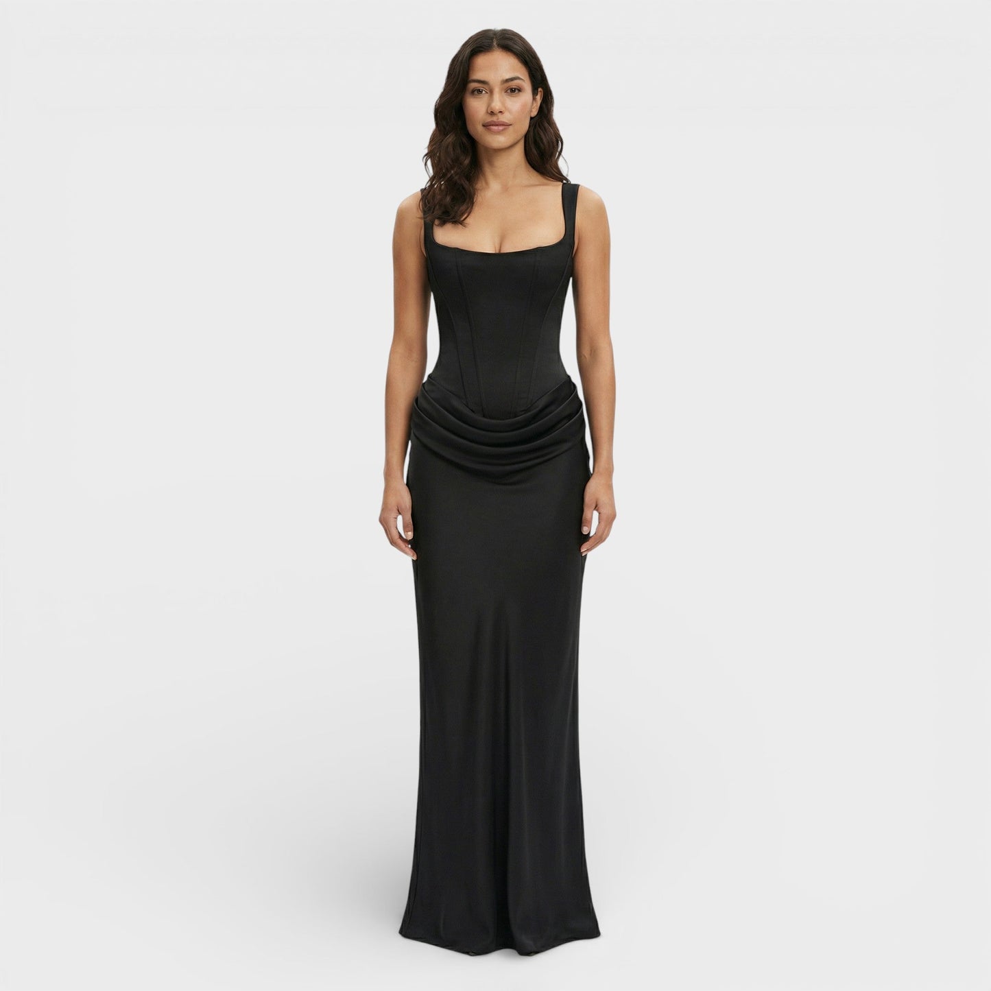 Vestido largo mujer corte ajustado escote cuadrado espalda descubierta drapeado