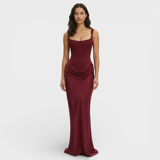 Vestido largo mujer corte ajustado escote cuadrado espalda descubierta drapeado