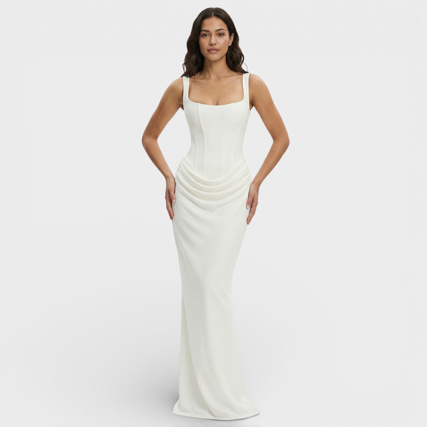Vestido largo mujer corte ajustado escote cuadrado espalda descubierta drapeado
