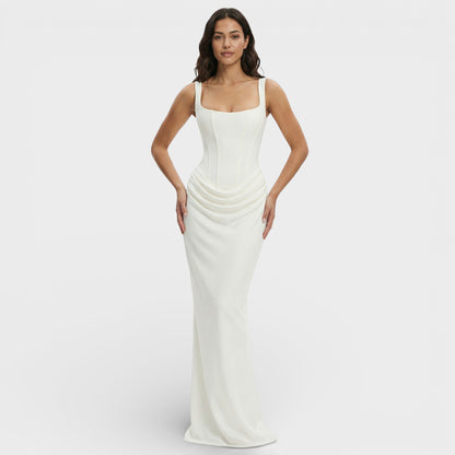 Vestido largo mujer corte ajustado escote cuadrado espalda descubierta drapeado