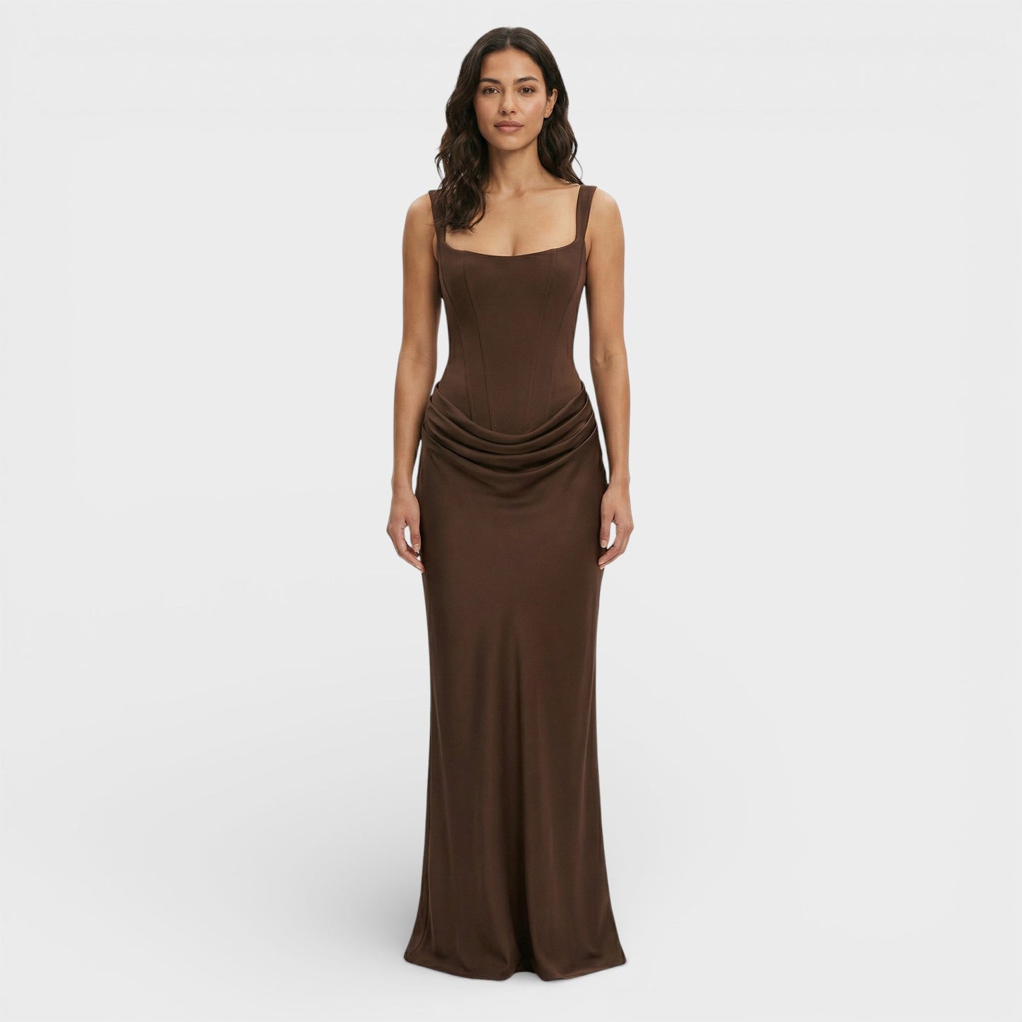 Vestido largo mujer corte ajustado escote cuadrado espalda descubierta drapeado