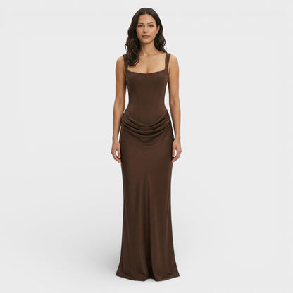 Vestido largo mujer corte ajustado escote cuadrado espalda descubierta drapeado