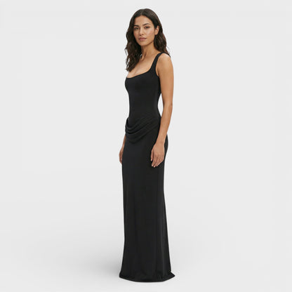 Vestido largo mujer corte ajustado escote cuadrado espalda descubierta drapeado
