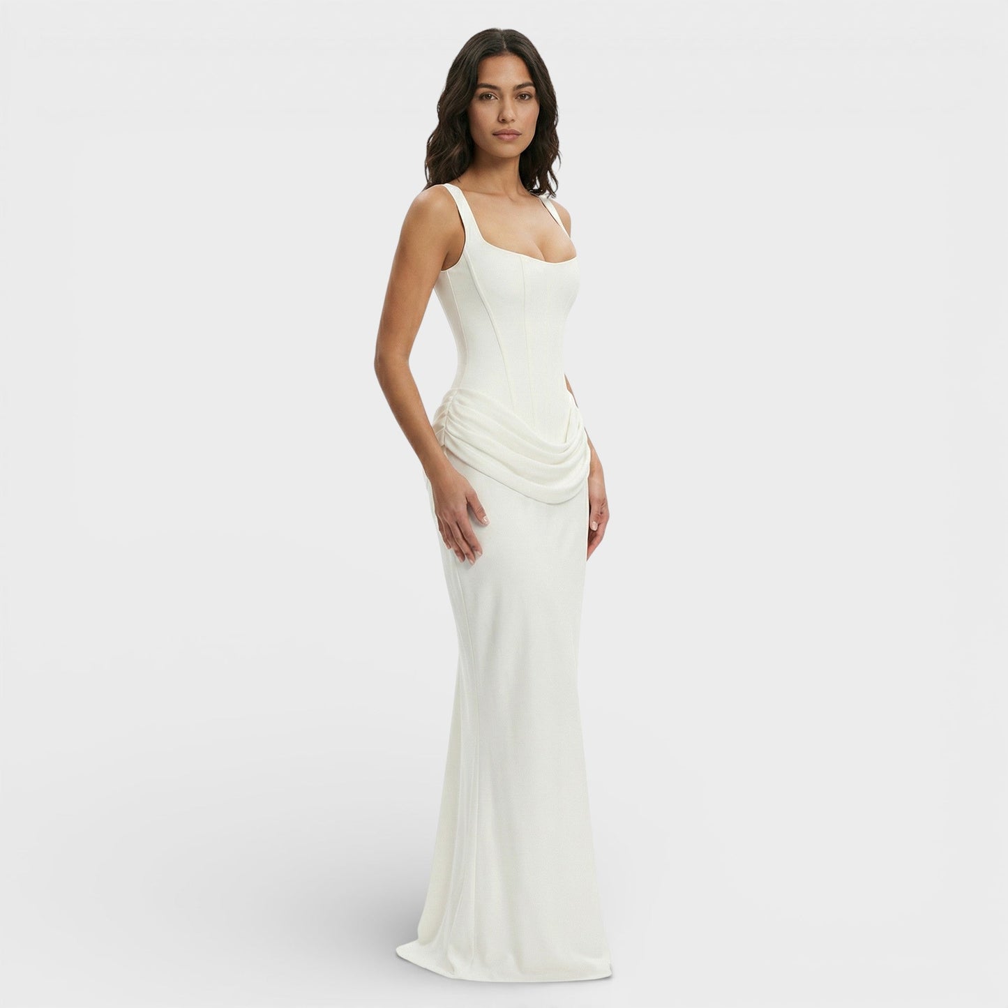 Vestido largo mujer corte ajustado escote cuadrado espalda descubierta drapeado