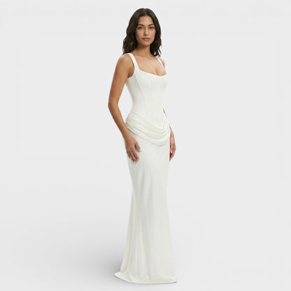 Vestido largo mujer corte ajustado escote cuadrado espalda descubierta drapeado