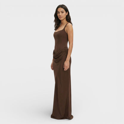 Vestido largo mujer corte ajustado escote cuadrado espalda descubierta drapeado