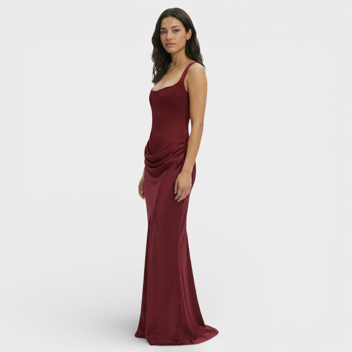 Vestido largo mujer corte ajustado escote cuadrado espalda descubierta drapeado