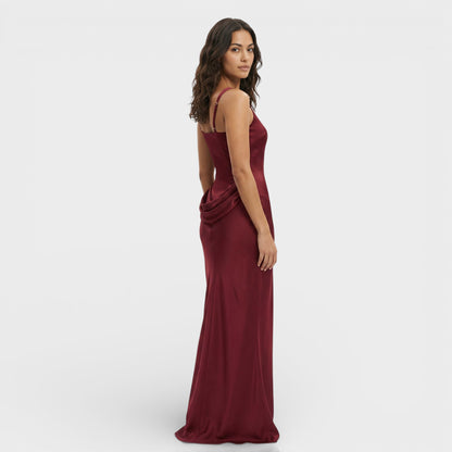 Vestido largo mujer corte ajustado escote cuadrado espalda descubierta drapeado