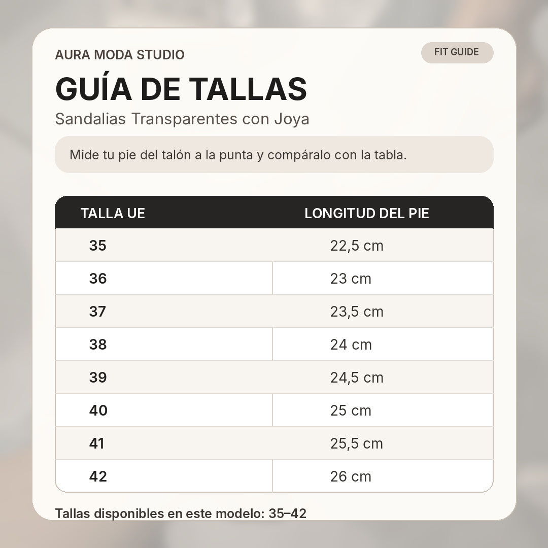 Guía de tallas de las Sandalias Transparentes con Joya, tallas UE 35 a 42