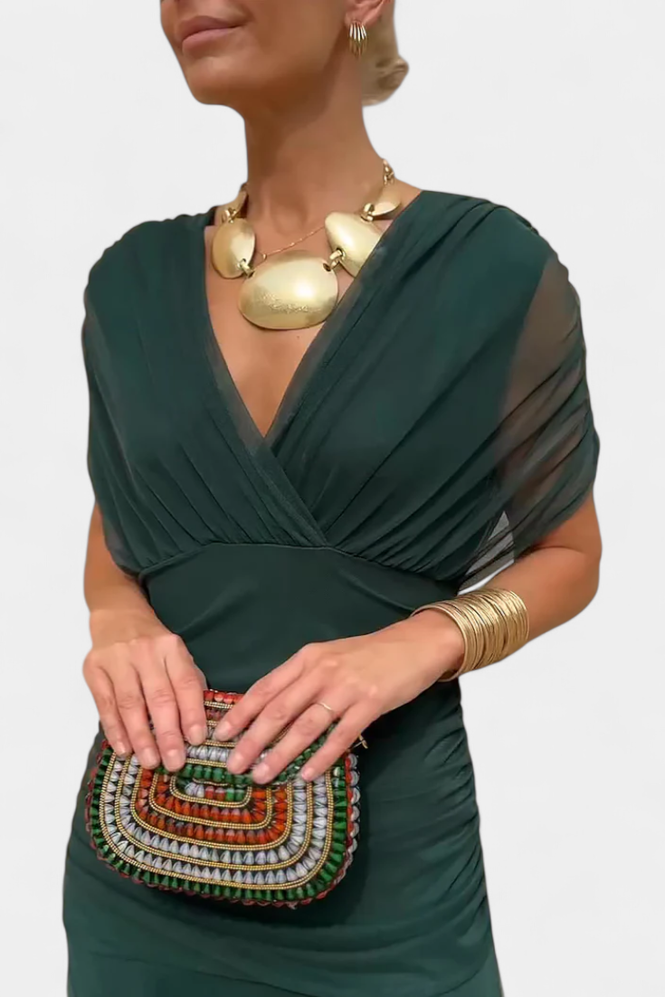 Vestido largo mujer Hombros descubiertos cintura fruncida escote retorcido