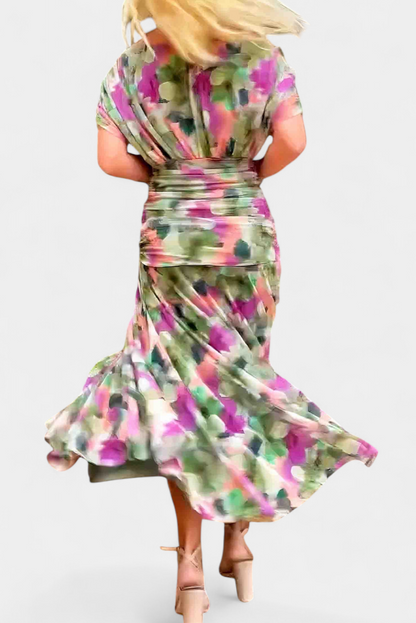Vestido largo mujer Hombros descubiertos cintura fruncida escote retorcido