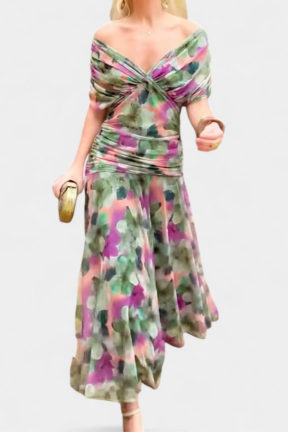 Vestido largo mujer Hombros descubiertos cintura fruncida escote retorcido