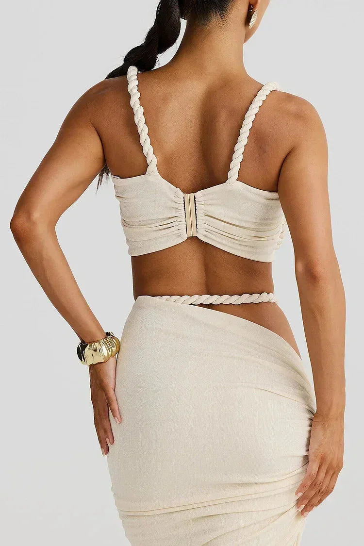 Set mujer crema fruncido con falda maxi y top
