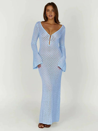 Maxi vestido ajustado de crochet con mangas largas y cuello en V