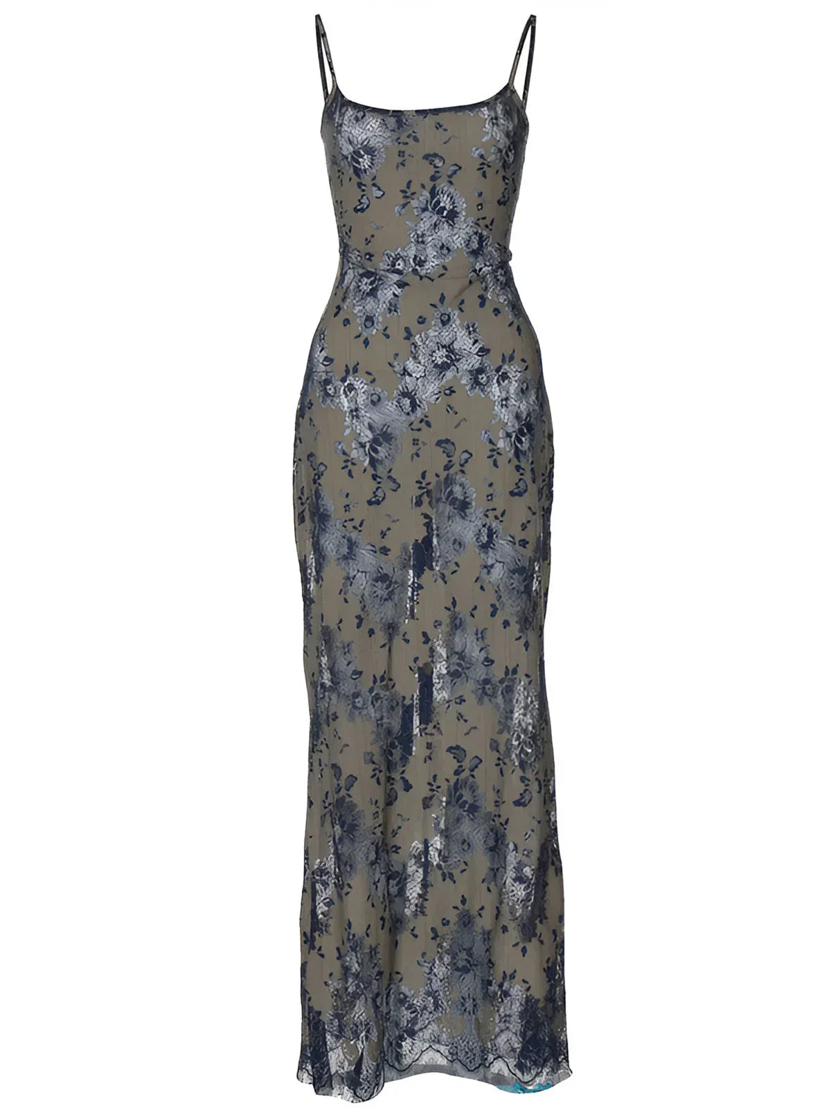 Maxi vestido de espalda descubierta de encaje azul con tirantes finos para fiesta