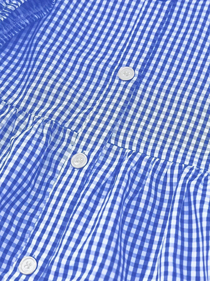 Vestido corto vichy de mujer con mangas 3/4 y cuello abotonado