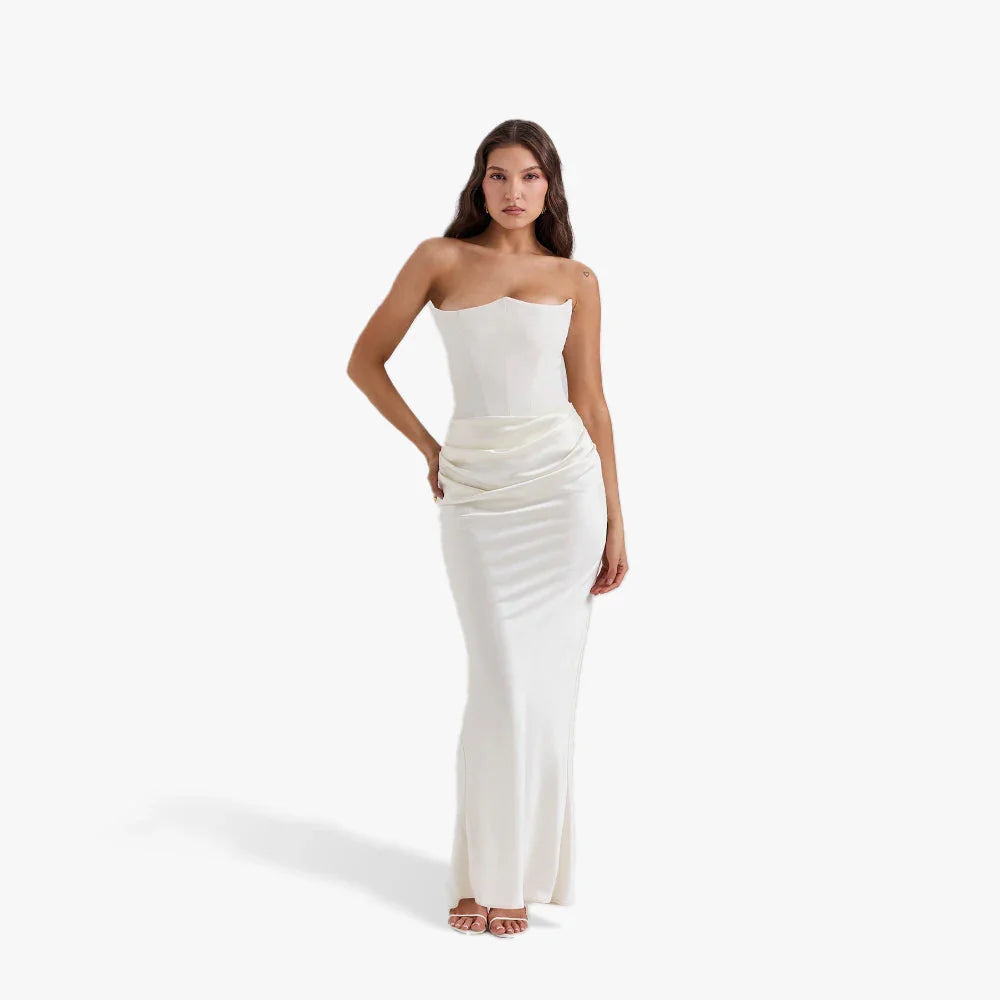 Vestido largo palabra de honor mujer con detalles drapeados elegantes