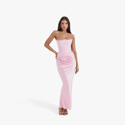 Vestido largo palabra de honor mujer con detalles drapeados elegantes