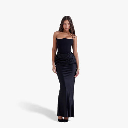 Vestido largo palabra de honor mujer con detalles drapeados elegantes