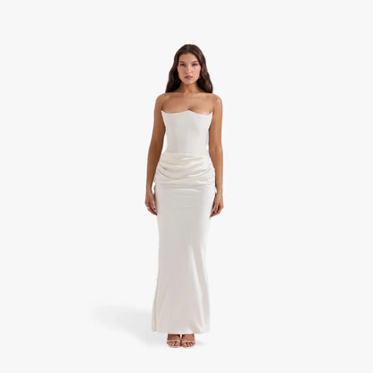 Vestido largo palabra de honor mujer con detalles drapeados elegantes