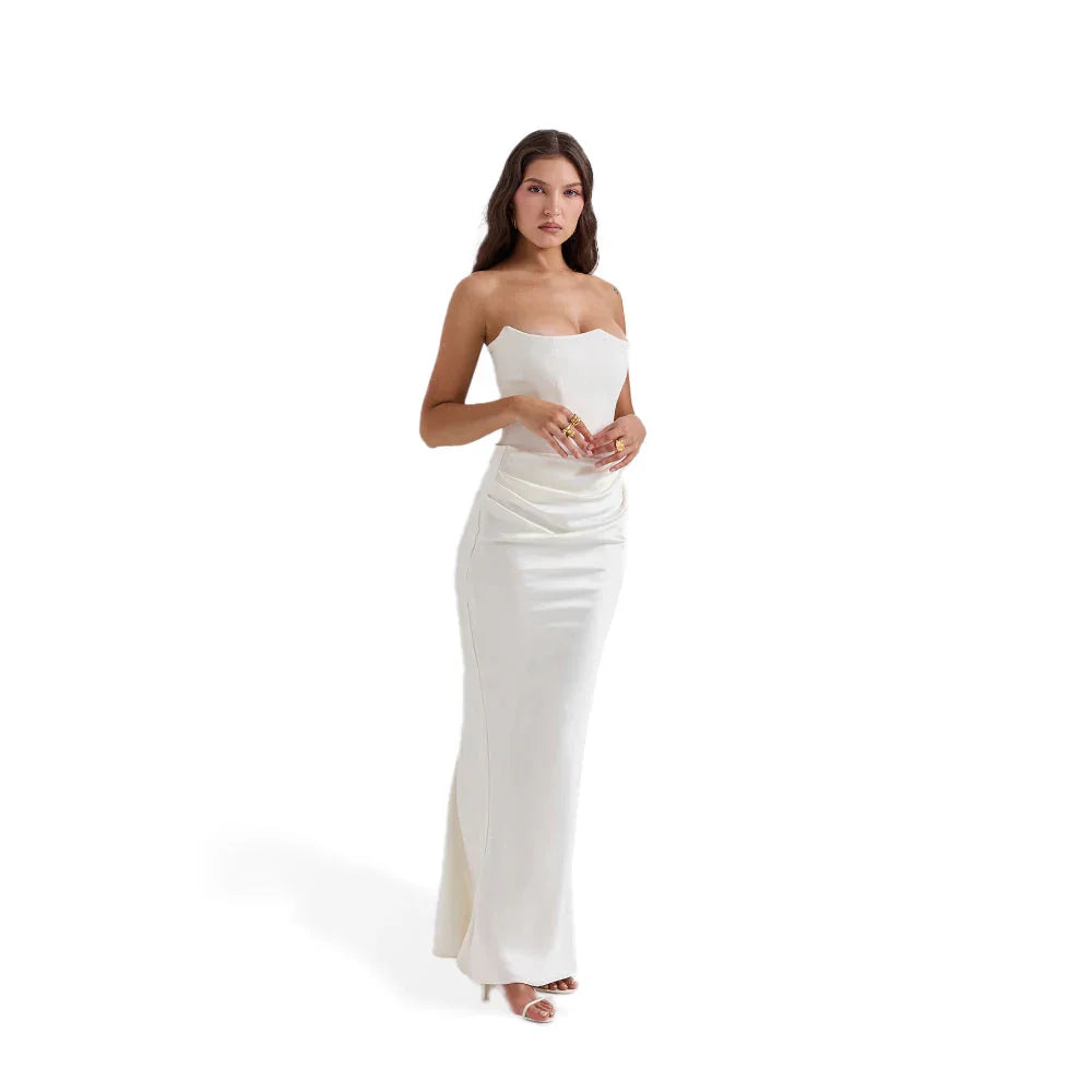 Vestido largo palabra de honor mujer con detalles drapeados elegantes
