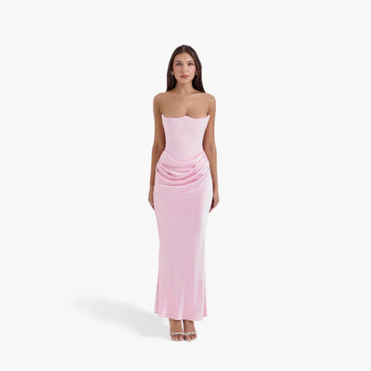 Vestido largo palabra de honor mujer con detalles drapeados elegantes