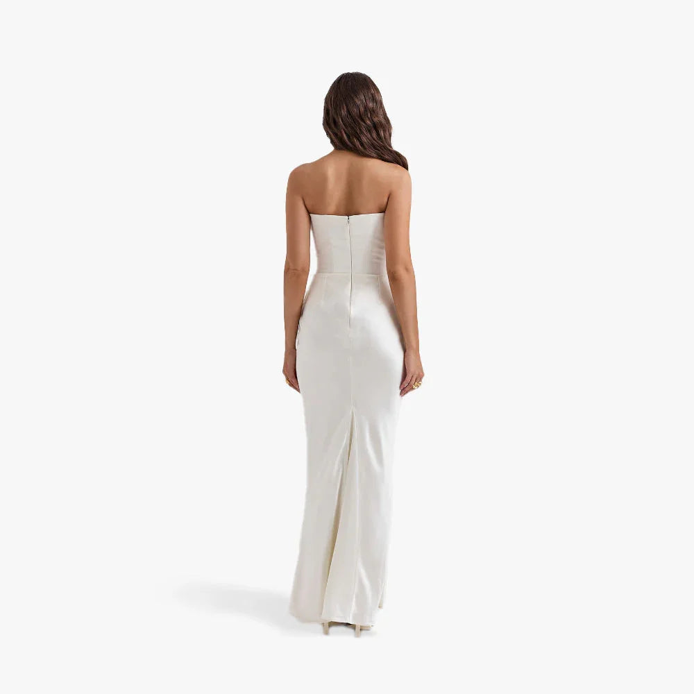Vestido largo palabra de honor mujer con detalles drapeados elegantes