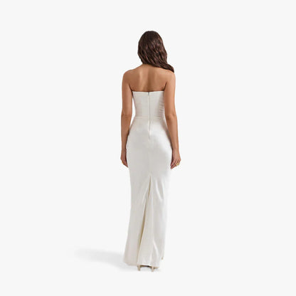 Vestido largo palabra de honor mujer con detalles drapeados elegantes