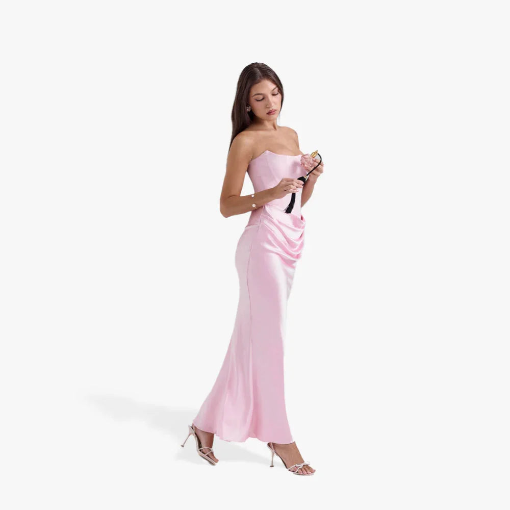 Vestido largo palabra de honor mujer con detalles drapeados elegantes