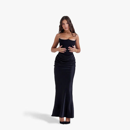Vestido largo palabra de honor mujer con detalles drapeados elegantes