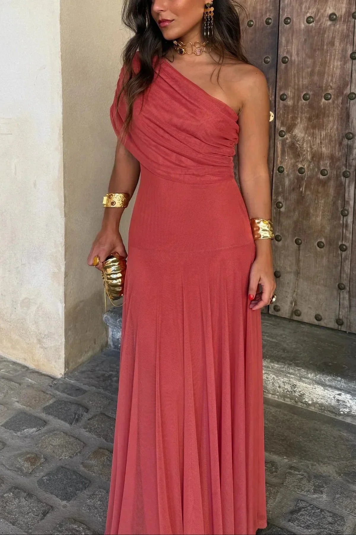 Vestido largo de verano para mujer plisado de un Hombro