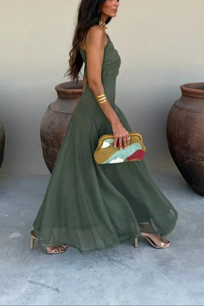 Vestido largo de verano para mujer plisado de un Hombro
