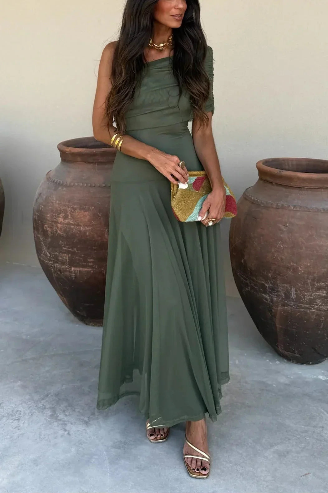 Vestido largo de verano para mujer plisado de un Hombro