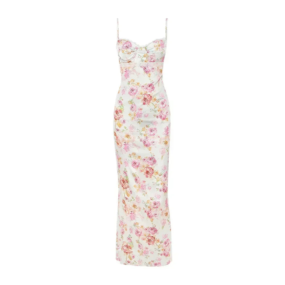 Vestido largo ajustado de flores escote corazón tirantes