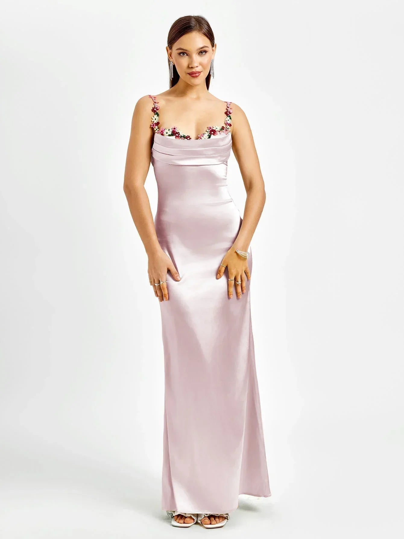 Vestido largo mujer satinado con adornos florales para fiesta
