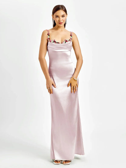 Vestido largo mujer satinado con adornos florales para fiesta