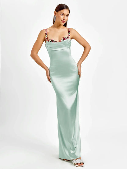 Vestido largo mujer satinado con adornos florales para fiesta