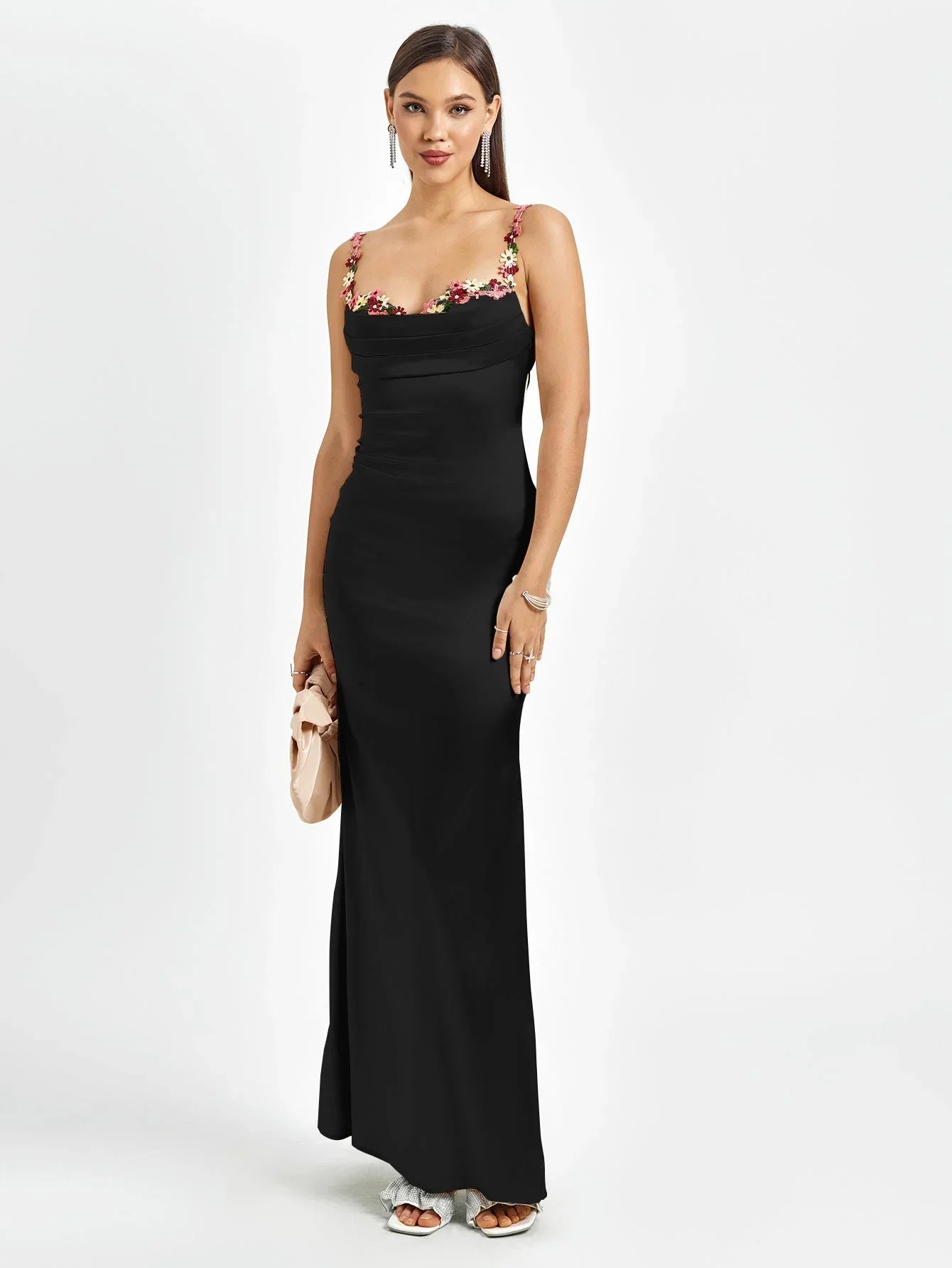 Vestido largo mujer satinado con adornos florales para fiesta