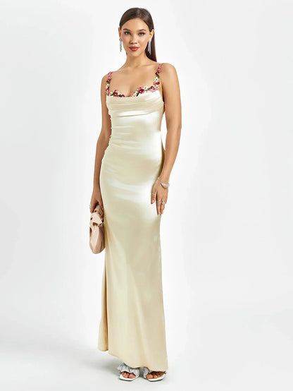 Vestido largo mujer satinado con adornos florales para fiesta
