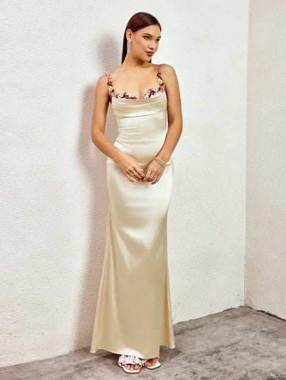 Vestido largo mujer satinado con adornos florales para fiesta