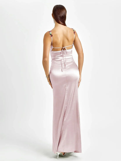 Vestido largo mujer satinado con adornos florales para fiesta