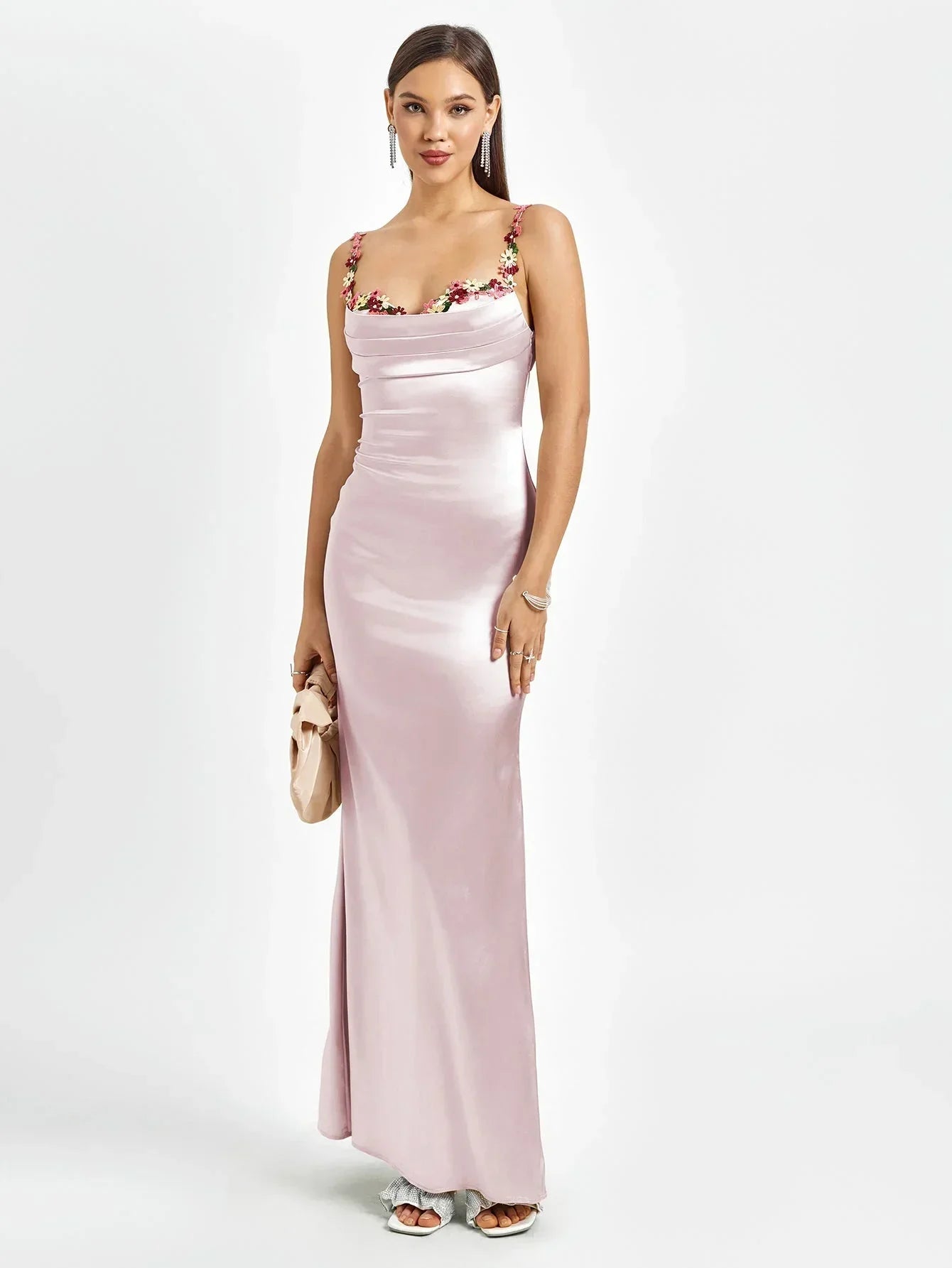 Vestido largo mujer satinado con adornos florales para fiesta