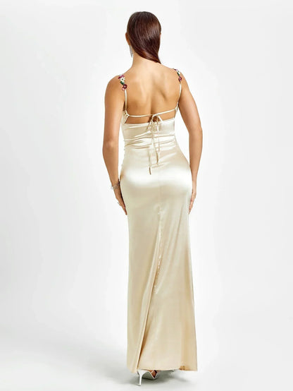 Vestido largo mujer satinado con adornos florales para fiesta