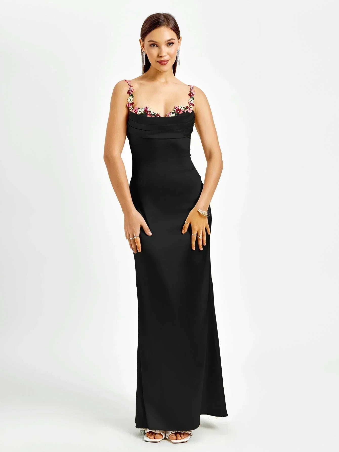 Vestido largo mujer satinado con adornos florales para fiesta