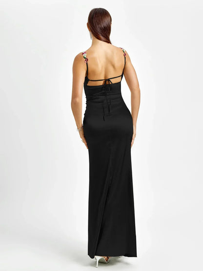Vestido largo mujer satinado con adornos florales para fiesta