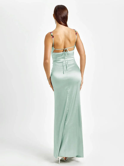 Vestido largo mujer satinado con adornos florales para fiesta